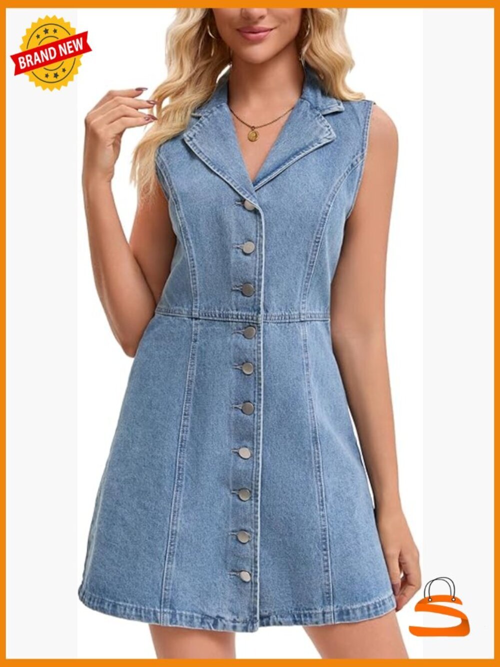 Sleeveless Button Down V Neck Denim Mini Dress Summer Jean Dress